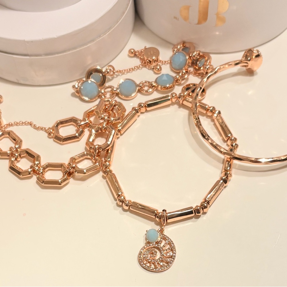 Rose Gold Bracelet Set with Light Blue Stones and Charm - Picture 6 of 11